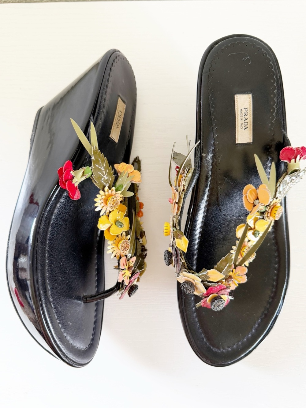 Prada Y2K Floral Applique Patent Leather Platform Wedge Flip Flops Sandals EU 39